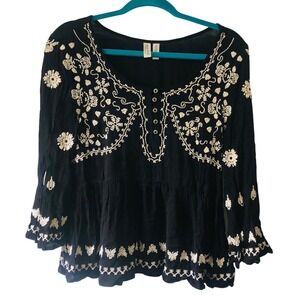 Anthropologie Meadow Rue Black Embroidered  Boho Peasant Top Floral Womens Small